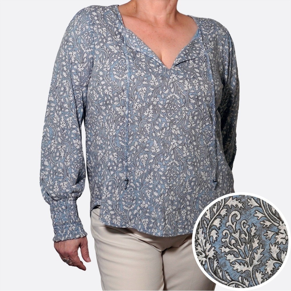 Lucky Brand Boho Floral Blouse 0X Dusty Blue Woodblock Print Bishop Sleeve Top